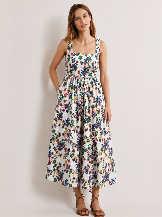 Boden Dresses & Skirts - Boden NWT White Floral Midi Dress Violet Square Neck Summer Cotton Size 16 to 18